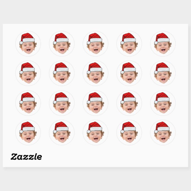 Custom Face Santa Stickers, Face Photo Santa Hat Classic Round Sticker (Sheet)