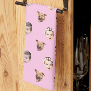 Custom Face, Unique Family Gift 3 Photos Face Pink Tea Towel