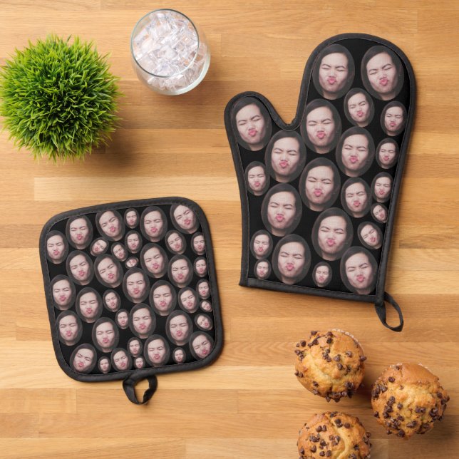 Custom Faces Photo Baking Gift Kitchen Cooking BBQ Oven Mitt & Pot Holder Set (Top Down)