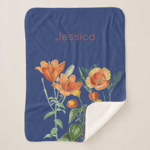 Custom Fall Autumn Watercolor Orange Floral Blue Sherpa Blanket