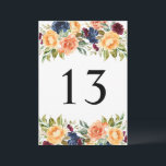 Custom Fall Floral Wedding Table Number Cards<br><div class="desc">Custom Fall Floral Wedding Table Number Cards. Design features beautiful watercolor flowers in shades of yellow orange,  peach,  blue,  and burgundy red with greenery accents. Black table number text should be customised for each number needed.</div>