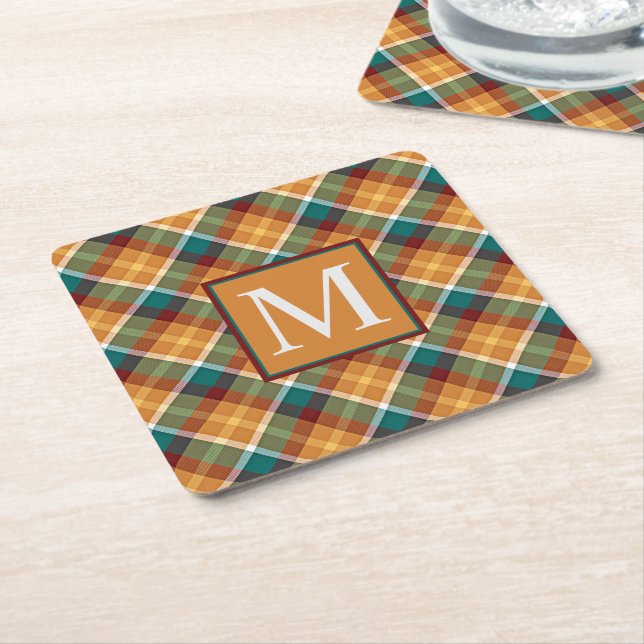 Custom Fall Pumpkin Orange Leaves Green Plaid Square Paper Coaster (Angled)