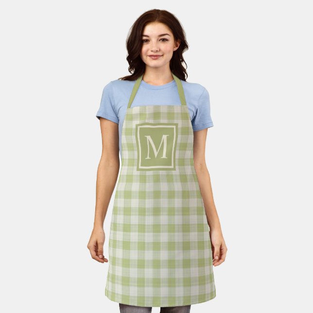 Custom Fall Season Sage Green Ivory Gingham Apron (Worn)
