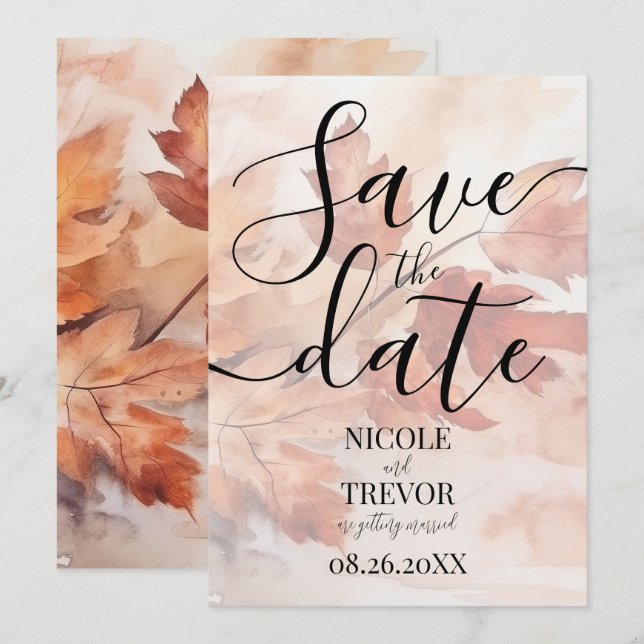 Custom Fall Watercolor Leafy Branch Wedding Save The Date (Front/Back)