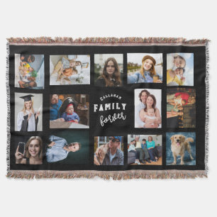 Custom Family 14 Photo Collage Black Wall Throw Blanket