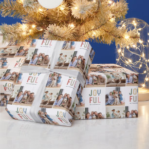 Custom Family 3 Photos Joyful Christmas Wrapping Paper