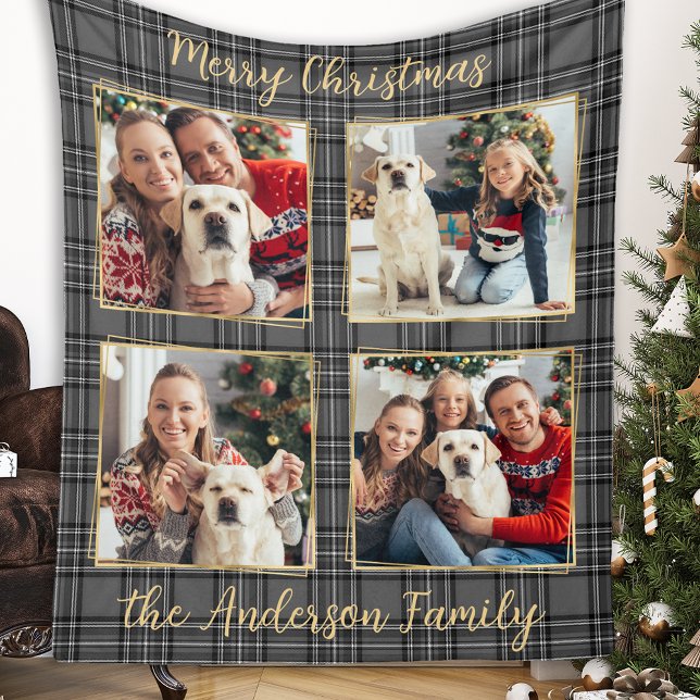 Custom Family 4 Photo Collage Winter Grey Plaid  Fleece Blanket (Creator Uploaded)