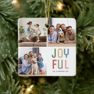 Custom Family 4 Photos Joyful Christmas Ceramic Ornament