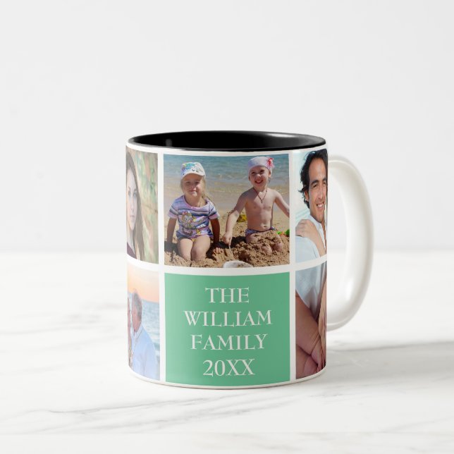 Custom Family 6 Photo Collage Seaform Green Two-Tone Coffee Mug (Front Right)