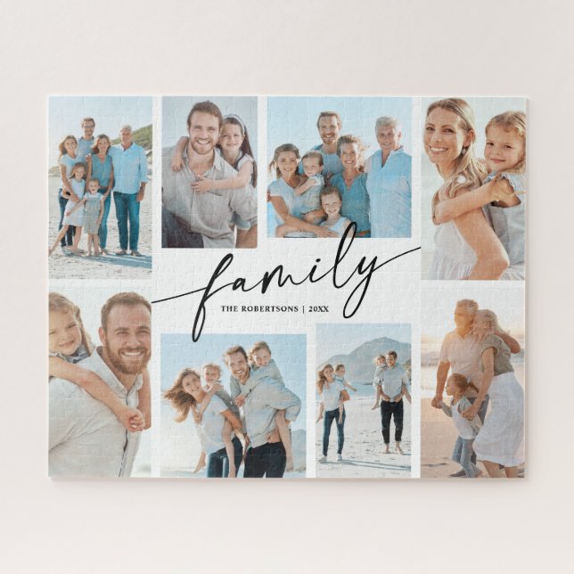 Custom Family 8 Photo Collage Modern Script  Jigsaw Puzzle (Horizontal)