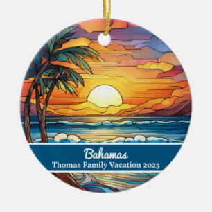Custom Family Bahamas Vacation Faux Stained Glass Ceramic Tree Decoration