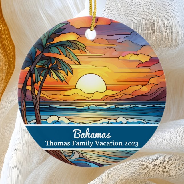 Custom Family Bahamas Vacation Faux Stained Glass Ceramic Tree Decoration (Creator Uploaded)
