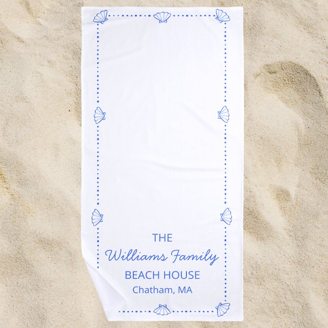 Custom Family Beach House Coastal Blue Shell Chic Beach Towel (Creator Uploaded)