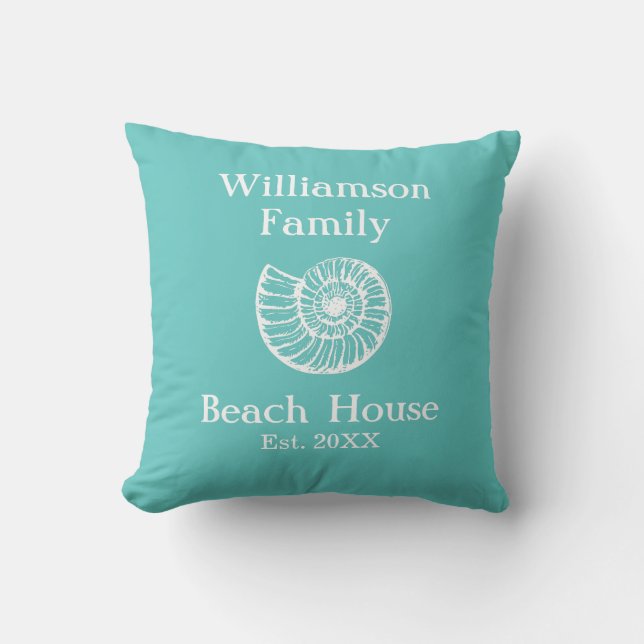 Custom Family Beach House Shell Turquoise Cushion (Front)