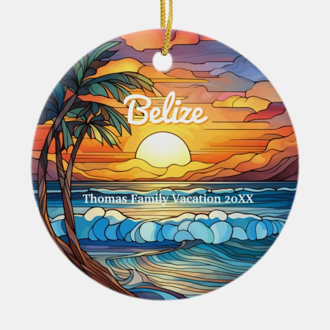 Custom Family Belise Vacation Faux Stained Glass Ceramic Tree Decoration (Front)