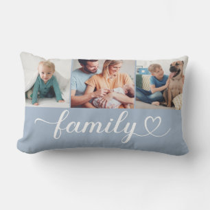 Custom Family Blue Heart Script 3 Photo Collage Lumbar Cushion