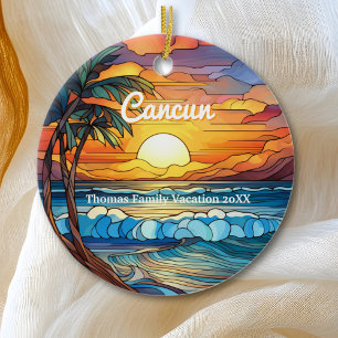Custom Family Cancun Vacation Faux Stained Glass Ceramic Tree Decoration