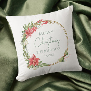 Custom Family Christmas Botanical Golden Wreath Cushion