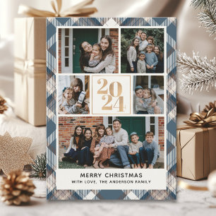 Custom Family Christmas card with 5 Photos Tartan 