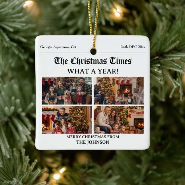 Custom Family Christmas Newspaper Photo Collage Ceramic Ornament (Tree)