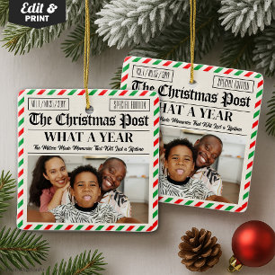 Custom Family Christmas Newspaper What a Year Ceramic Ornament