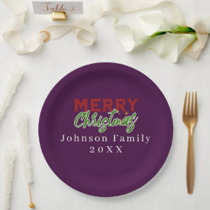Custom Family Christmas Purple Paper Plate