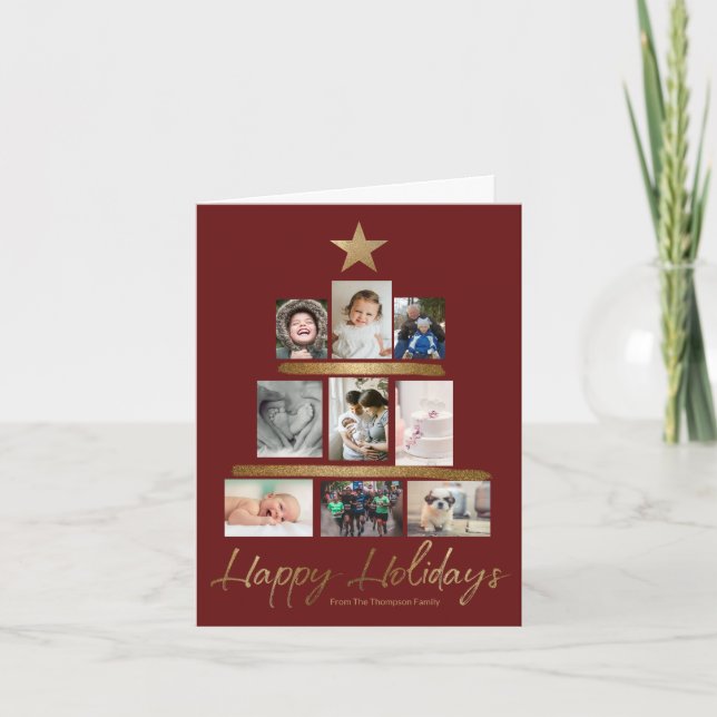 Custom Family Christmas tree photo Year Review Red Holiday Card (Front)