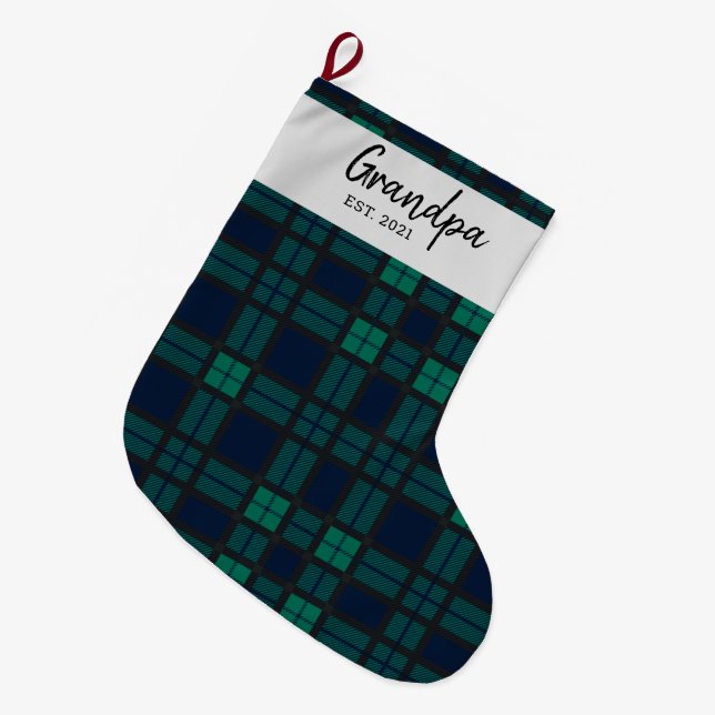 Custom Family Clan Black Watch Plaid Check Tartan Large Christmas Stocking (Front (Hanging))