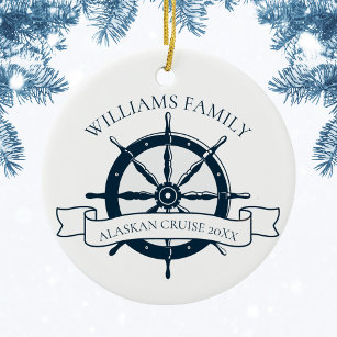 Custom Family Cruise Ship Nautical Wheel Monogram Ceramic Tree Decoration