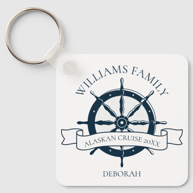 Custom Family Cruise Ship Nautical Wheel Monogram Key Ring (Front)