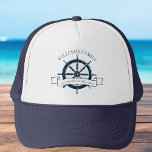 Custom Family Cruise Ship Nautical Wheel Vacation Trucker Hat<br><div class="desc">Chic custom summer vacation cap for your beach cruise on the ocean featuring a navy blue boat steering wheel. This nautical themed hat is perfect for classy matching family reunion keepsakes to commemorate the special trip. Personalise with your last name and year.</div>