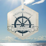 Custom Family Cruise Ship Trip Keepsake Nautical Glass Tree Decoration<br><div class="desc">Chic custom summer vacation Christmas ornament gift for your beach cruise on the ocean featuring a navy blue boat steering wheel. This nautical themed design is perfect for classy matching family reunion keepsakes to commemorate the special trip. Personalize with your last name and year.</div>