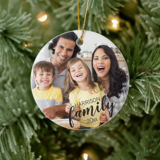 Custom FAMILY (dark text) 2-Photo Keepsake Ceramic Tree Decoration (Tree)