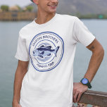 Custom Family Fishing Trip Blue Lake Fisherman T-Shirt<br><div class="desc">Customise this family fishing trip t-shirt for your dad and brothers before going out on the lake to fish this summer. A cool periwinkle and navy blue fisherman design with an open mouthed bass and your custom text or last name.</div>