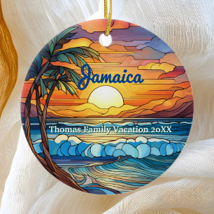 Custom Family Jamaica Trip Faux Stained Glass Ceramic Tree Decoration