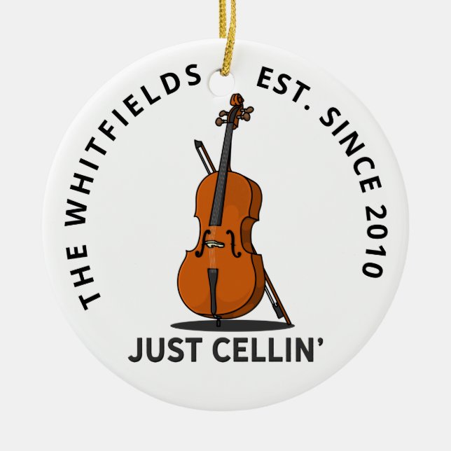 Custom Family Just Cellin Cello Fiddle Musician Ceramic Tree Decoration (Front)