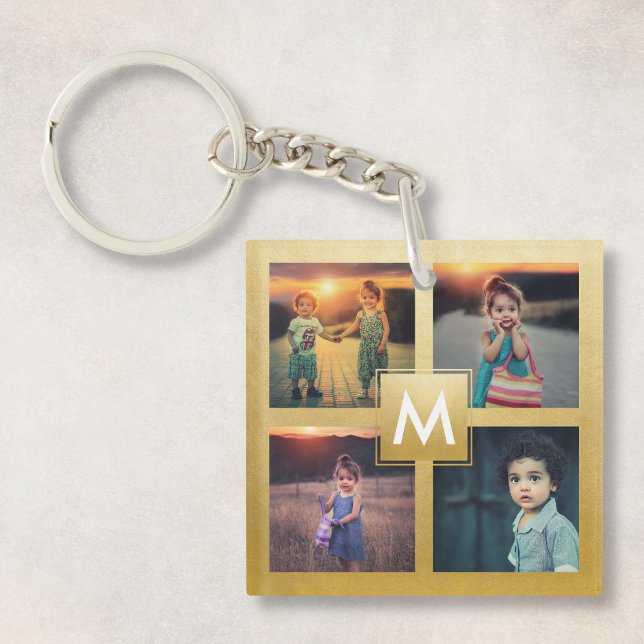Custom Family Kids Photo Collage Gold Monogram Key Ring (Creator Uploaded)