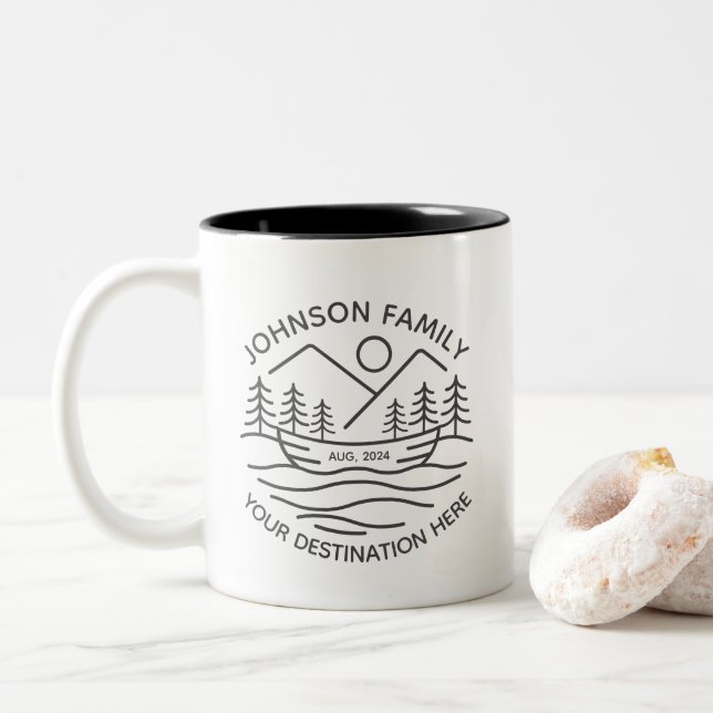 Custom Family Lake Camping Vacation Group Matching Two-Tone Coffee Mug (With Donut)