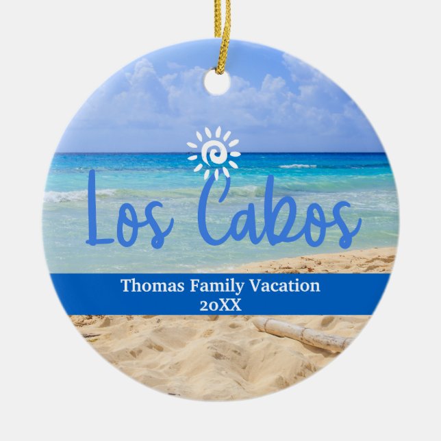 Custom Family Los Cabos Vacation Christmas Ceramic Tree Decoration (Front)
