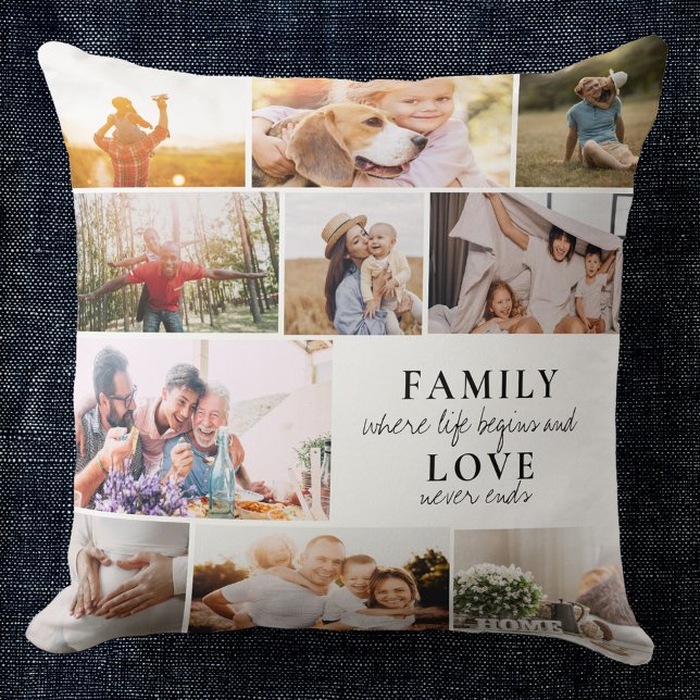 Custom Family Love Photo Collage Modern Quote Chic Cushion (Creator Uploaded)