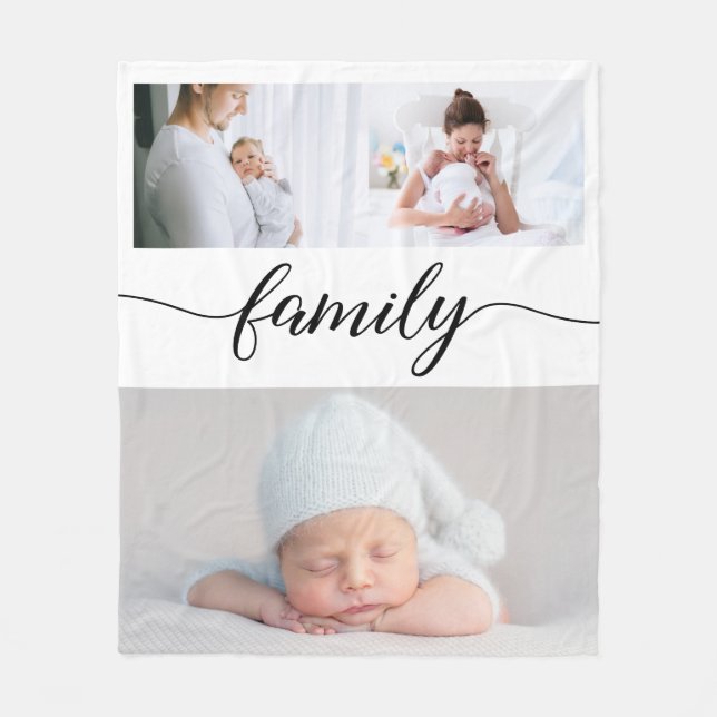 Custom Family Modern elegant Script Photo Collage Fleece Blanket (Front)