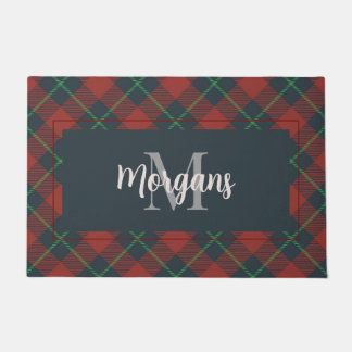 Custom Family Monogram Merry Christmas Red Plaid Doormat