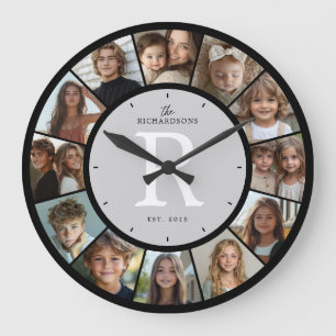 Custom Family Monogram Name Year 12 Photo Collage Large Clock