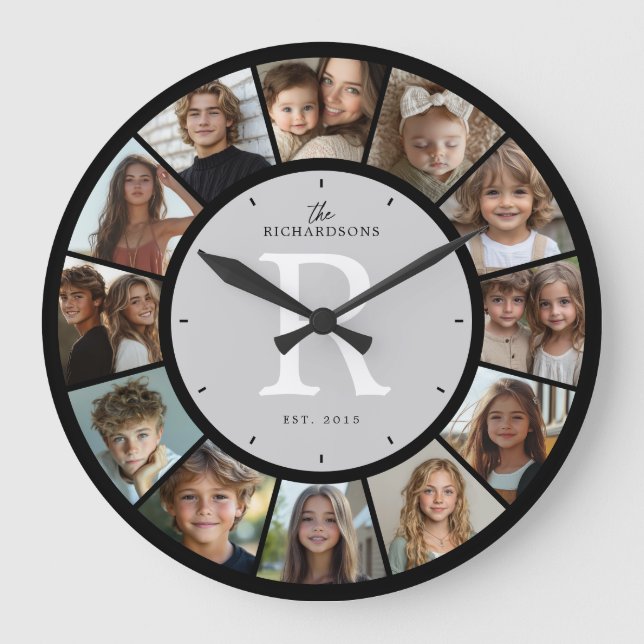 Custom Family Monogram Name Year 12 Photo Collage Large Clock (Front)