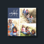 Custom Family Monogram Photo Collage Canvas Print<br><div class="desc">Custom Family Monogram Photo Collage Canvas Print | Preppy Navy Blue. Elke Clarke © for Monogram Gallery. Elegant monogrammed canvas wall art print template you can customise with 3 (three) of your own family photos arranged in a photo collage. Personalise with your family's last name written in a white script...</div>