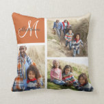 Custom Family Monogram Photo Collage Pillow<br><div class="desc">Custom Family Monogram Photo Collage Pillow | Coral. Elke Clarke © for Monogram Gallery. Elegant monogrammed template you can customise with 3 (three) of your own family photos arranged in a photo collage. Personalise with your family's last name written in a grey script font and white script monogram in the...</div>