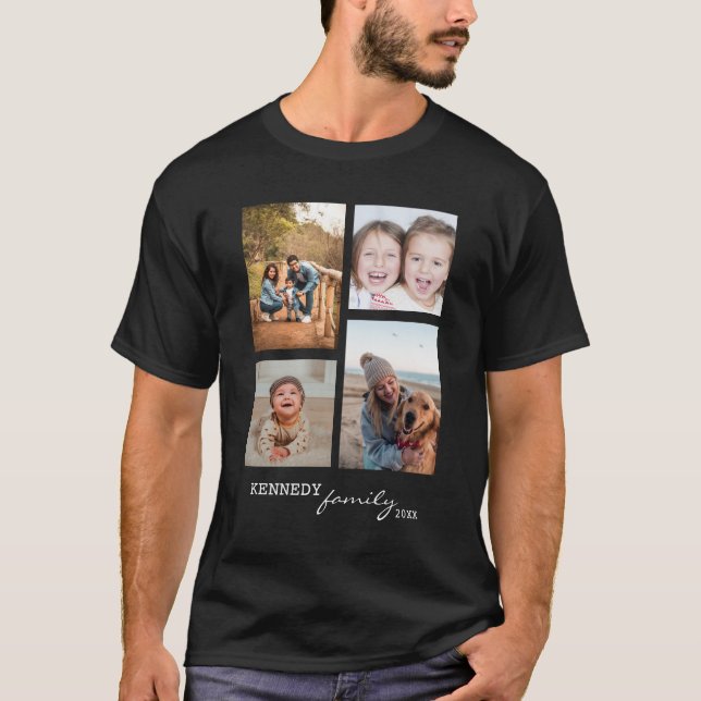 Custom Family Name 4 Photo Collage Black T-Shirt (Front)