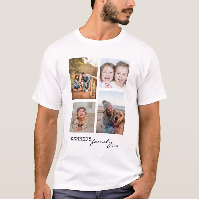 Custom Family Name 4 Photo Collage White T-Shirt (Front)