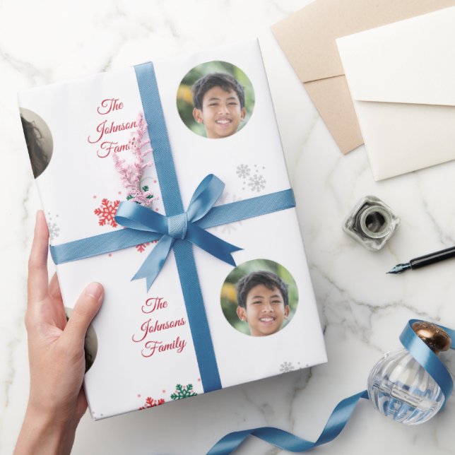 Custom Family Name & 5 Photo Collage Pet Christmas Wrapping Paper (Gifting)