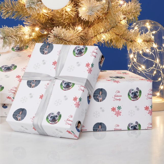 Custom Family Name & 5 Photo Collage Pet Xmas Wrapping Paper (Holidays)